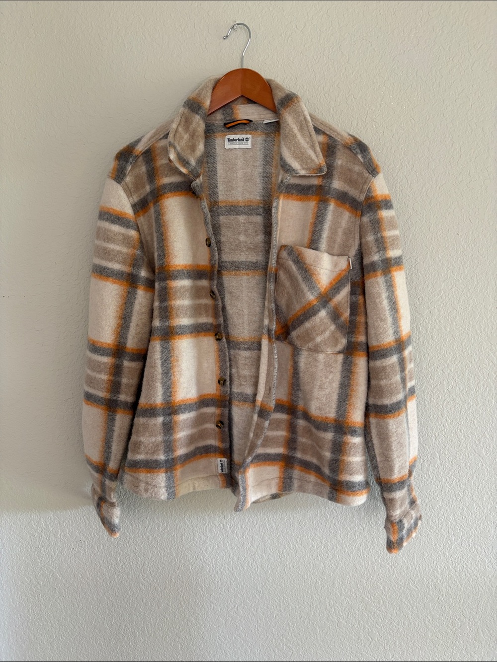 Timberland Beige Plaid Button-Up Shirt Jacket with Orange & Gray Accents